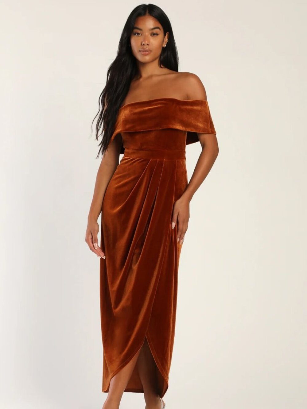 Rust Orange Velvet Off-the-Shoulder Maxi Dress Size Small